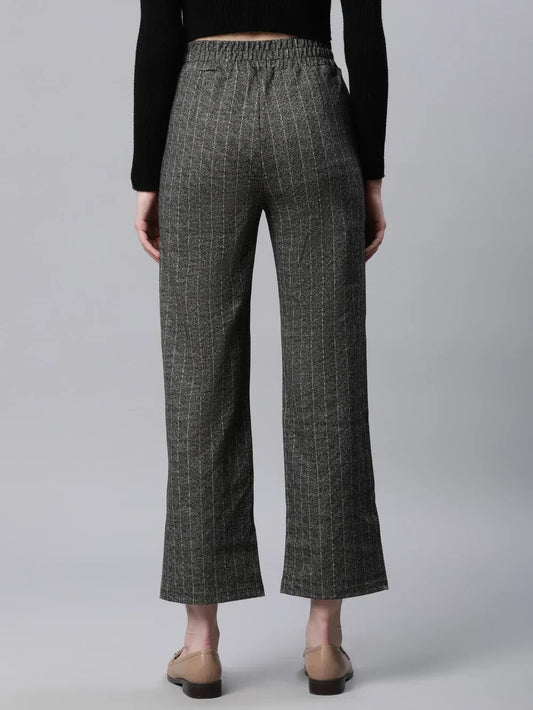 Za_ra Striped High Rise Dark Grey Straight Trousers