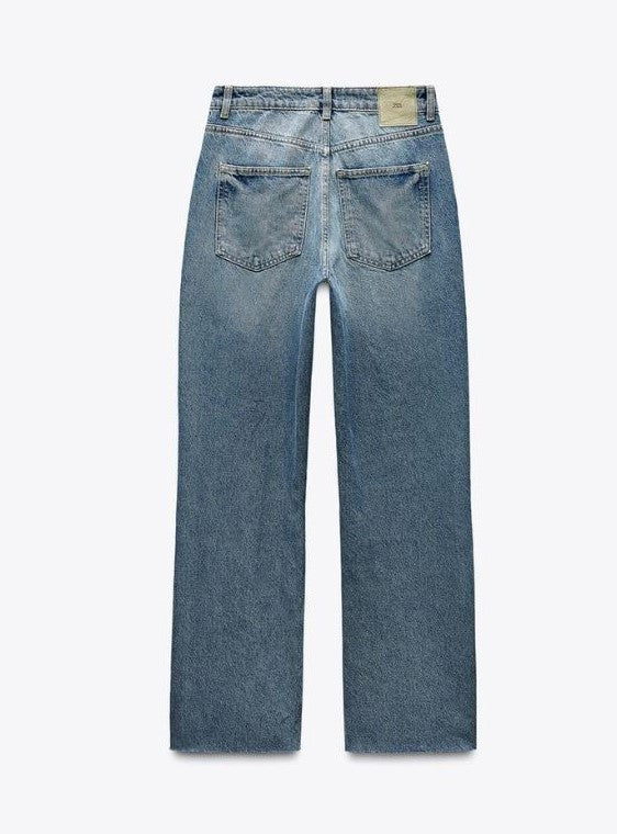 Za_ra DARK BLUE STRAIGHT-LEG HIGH-WAIST JEANS