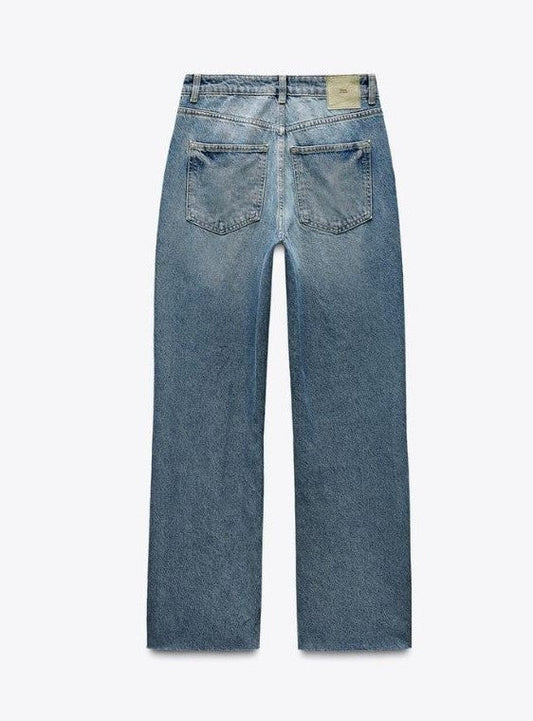 Za_ra DARK BLUE STRAIGHT-LEG HIGH-WAIST JEANS