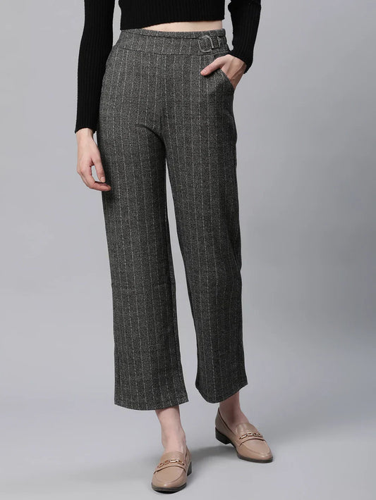 Za_ra Striped High Rise Dark Grey Straight Trousers