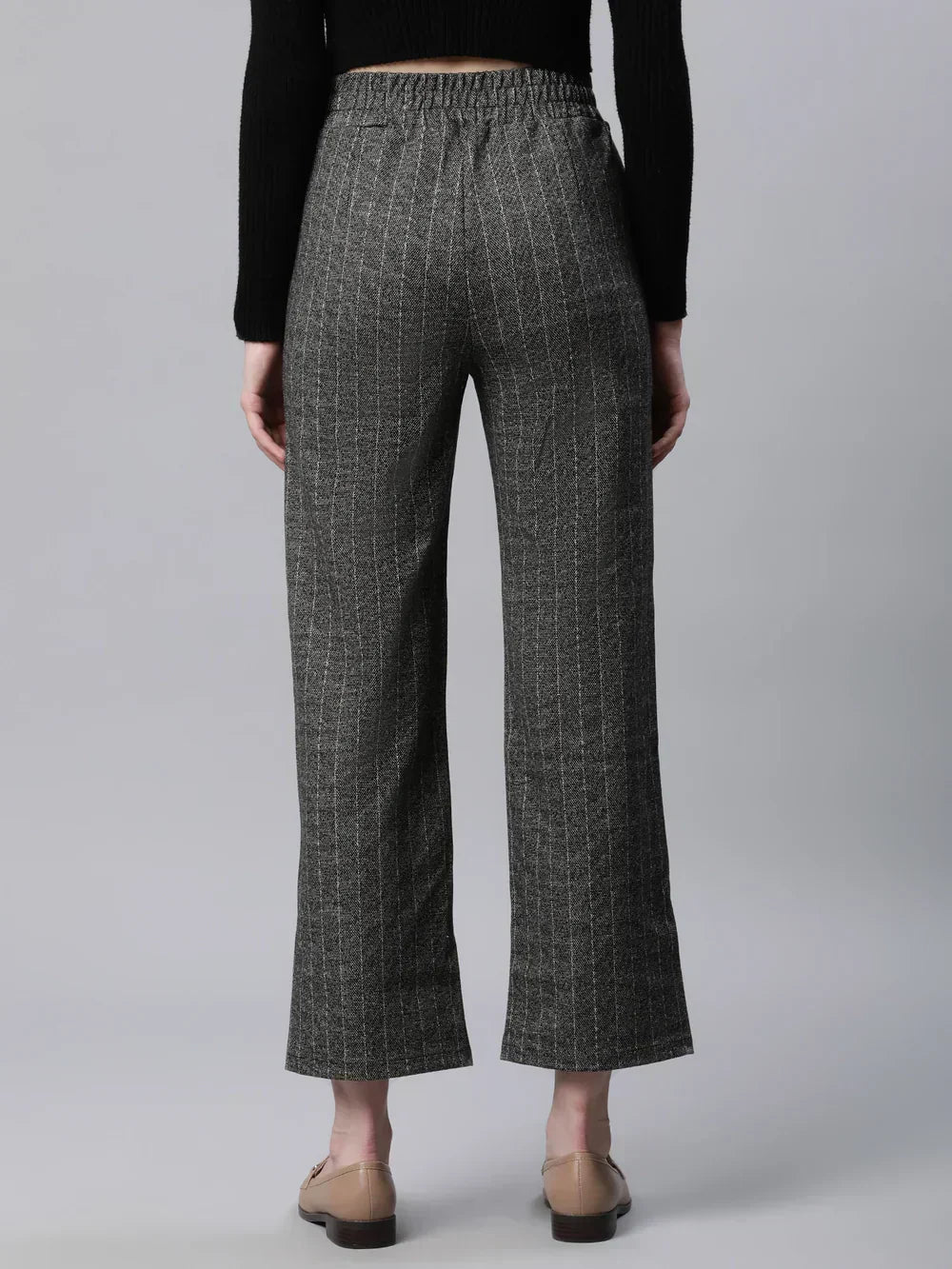 Za_ra Striped High Rise Dark Grey Straight Trousers