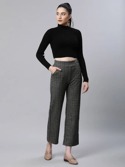 Za_ra Striped High Rise Dark Grey Straight Trousers