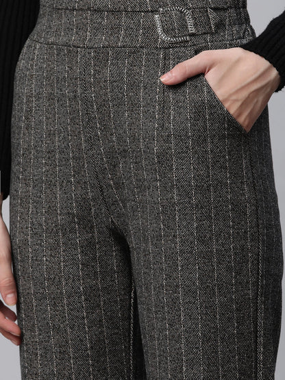 Za_ra Striped High Rise Dark Grey Straight Trousers