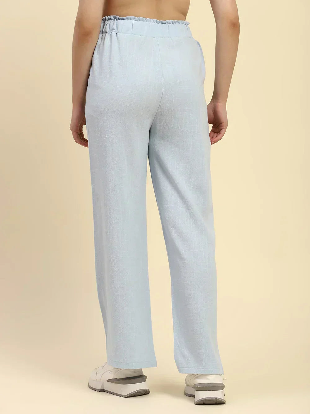 H&_M Blue Solid Cotton Linen Relaxed Fit Trouser