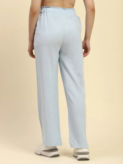 H&_M Blue Solid Cotton Linen Relaxed Fit Trouser