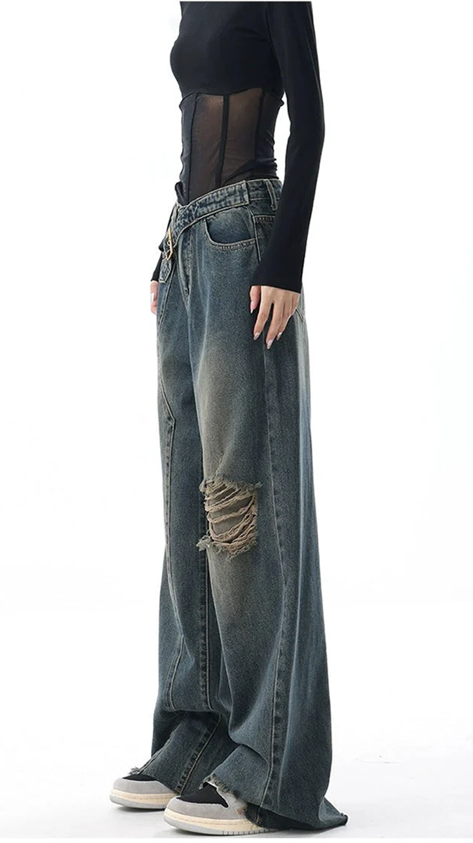 Off Beat Distressed Blue Baggy Jeans