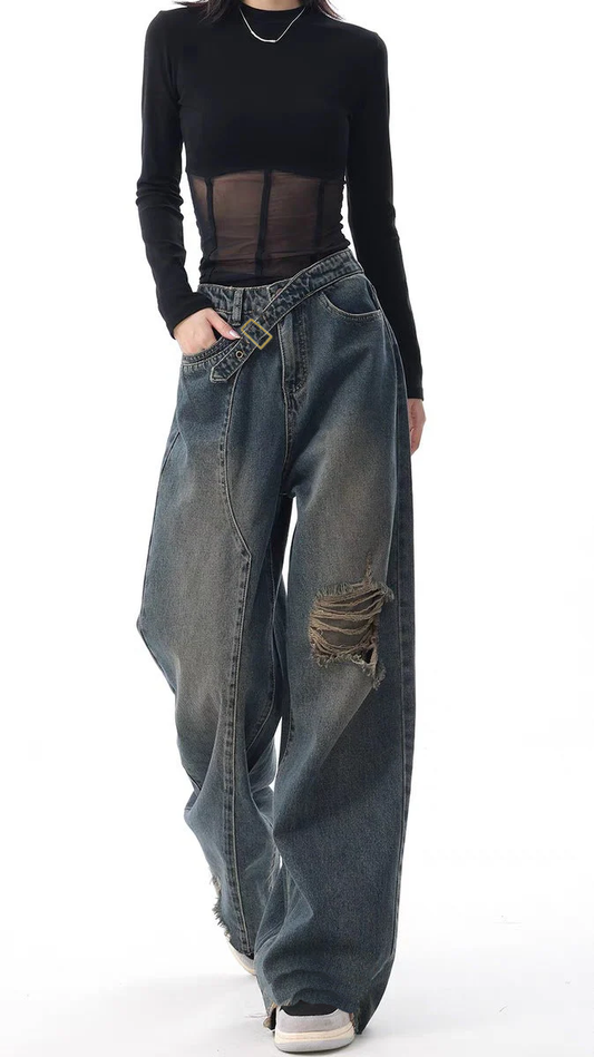 Off Beat Distressed Blue Baggy Jeans