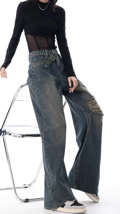 Off Beat Distressed Blue Baggy Jeans