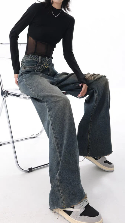 Off Beat Distressed Blue Baggy Jeans