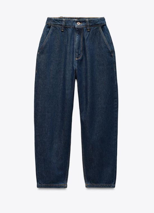 Za_ra DARK BLUE MID-RISE TAPERED JEANS