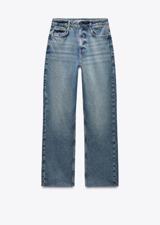 Za_ra DARK BLUE STRAIGHT-LEG HIGH-WAIST JEANS